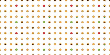 Cadılar Bayramı kusursuz desen, beyaz arka planda şirin balkabağı yüzü, şirin hayalet simgeleri..