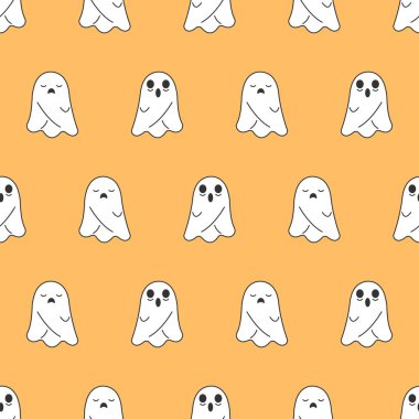 Cadılar Bayramı kusursuz desen, turuncu arka planda şirin hayalet, şirin hayalet simgeleri..