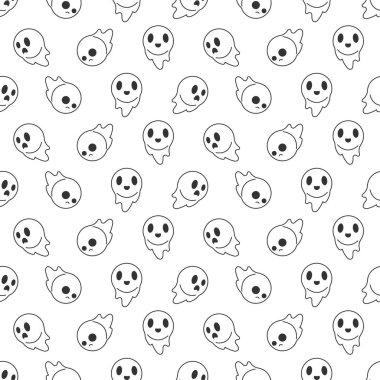 Cadılar Bayramı kusursuz desen, beyaz arka planda sevimli hayalet, şirin hayalet simgeleri..