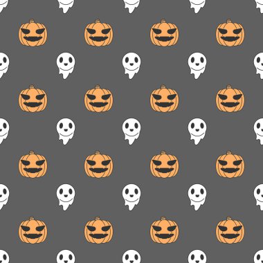 Kusursuz Cadılar Bayramı deseni, tatlı küçük hayaletler ve karanlık arka planda balkabakları, şirin hayalet simgeleri..