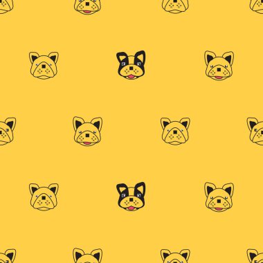 Köpek pürüzsüz desen, sarı arka planda Fransız bulldog, köpek simgeleri.