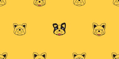Köpek pürüzsüz desen, sarı arka planda Fransız bulldog, köpek simgeleri.