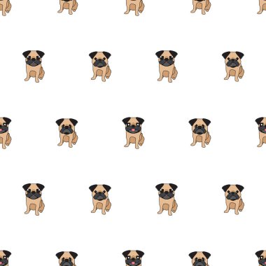 Köpek pürüzsüz desen, beyaz arka planda pug, köpek simgeleri.
