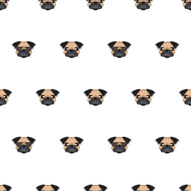 Köpek pürüzsüz desen, beyaz arka planda pug, köpek simgeleri.