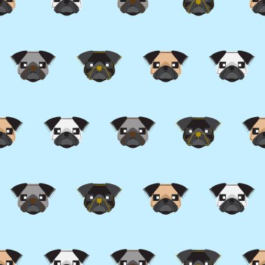 Köpek pürüzsüz desen, mavi arka planda pug, köpek simgeleri.