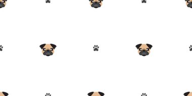 Köpek pürüzsüz desen, beyaz arka planda pug, köpek simgeleri.