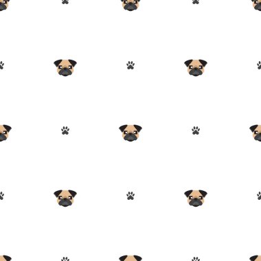 Köpek pürüzsüz desen, beyaz arka planda pug, köpek simgeleri.