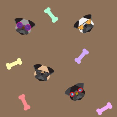 Köpek pürüzsüz desen, kahverengi arka planda pug, köpek simgeleri.