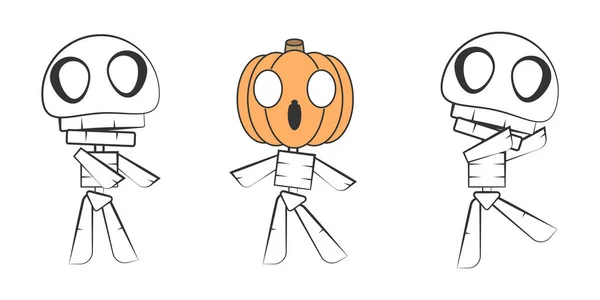 Conjunto Esqueleto Halloween Personajes Calabaza Personaje Fantasma Ilustración Dibujos Animados — Vector de stock