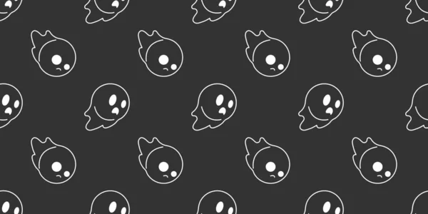 Halloween Seamless Pattern Cute Little Ghost Line Art Dark Background — Stock Vector