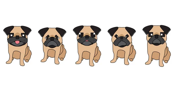 Conjunto Perros Pug Dibujos Animados Lindo Sentado Conjunto Perro Vector — Archivo Imágenes Vectoriales