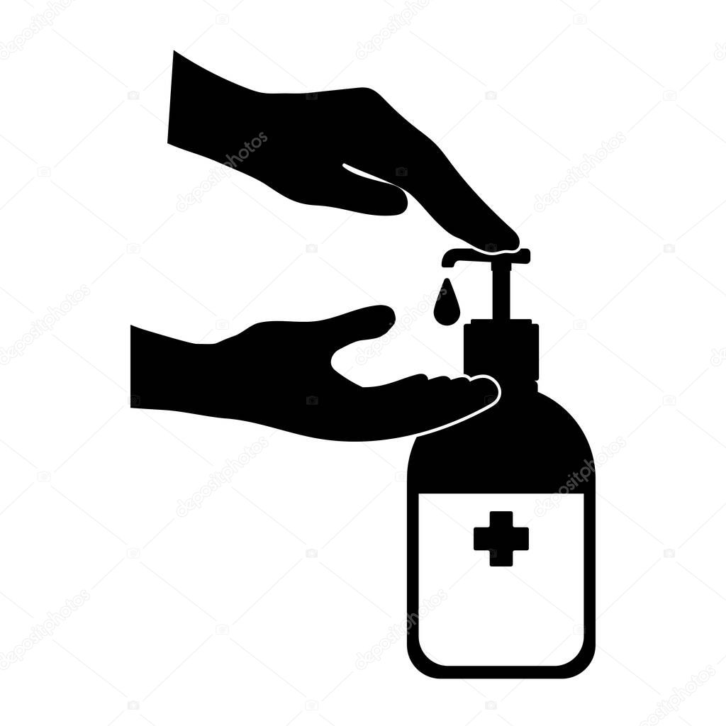 Healthcare medical sanitizer with hands icon, New normal hygiene concept, Hand sanitizer isolated illustration.
