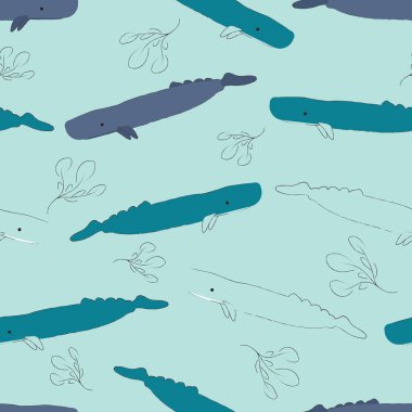 Balina pürüzsüz desen, mavi arka planda şirin bir sperm balinası..