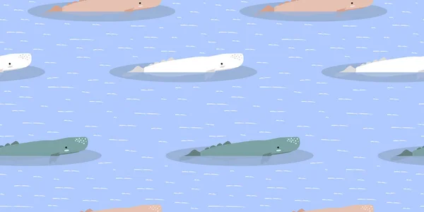 クジラのシームレスなパターン 青の背景にかわいいカラフルな精子クジラ — ストックベクタ