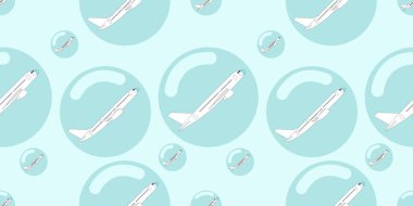 Kusursuz bir model mavi arka planda baloncukta uçan maskeli uçaklar seyahat baloncuğu konsepti, uçak çizimleri..