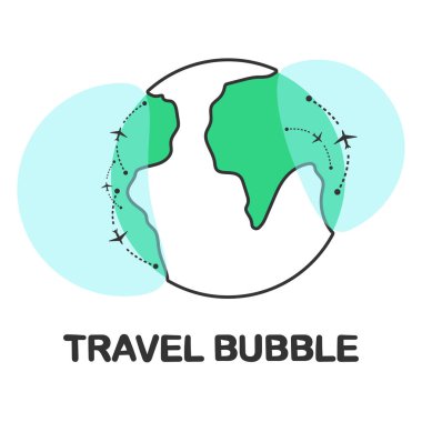 Baloncukta hava seyahatinin sembolü, Coronavirus krizinden sonra yeni turizm eğilimi (COVID-19), Seyahat balonu konsepti, Seyahat vektörü ilülasyonu.