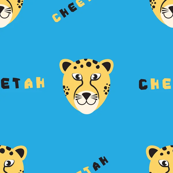 Animal (wild cat) Seamless pattern. Cartoon Cheetah face on blue background.