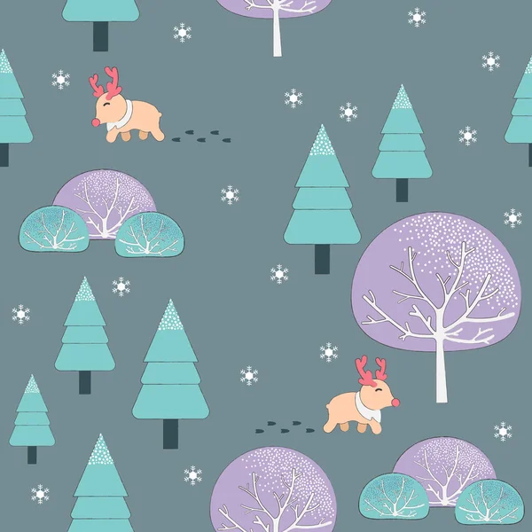Winter Season Seamless Pattern Colorful Winter Trees Reindeer Grey Background — Stock Vector