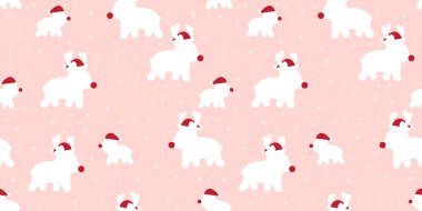 Mutlu Noeller, kusursuz desenler, pembe arka planda Noel Baba şapkası takan şirin ren geyiği desenleri..