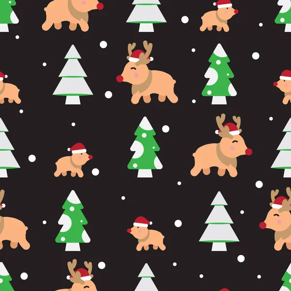 Frohe Weihnachten Nahtlose Muster Niedliche Rentier Cartoon Figur Trägt Weihnachtsmütze — Stockvektor