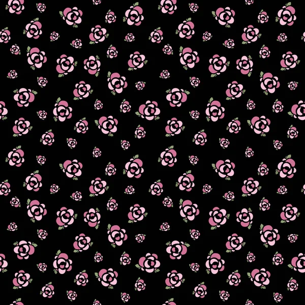 Minimale Blumen Nahtloses Muster Rosenblüten Blühen Auf Schwarzer Tapete — Stockvektor
