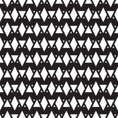 Siyah zemin üzerinde soyut beyaz elmas kare ve üçgen desen, soyut vektör duvar kağıdı, kusursuz desen arkaplan.
