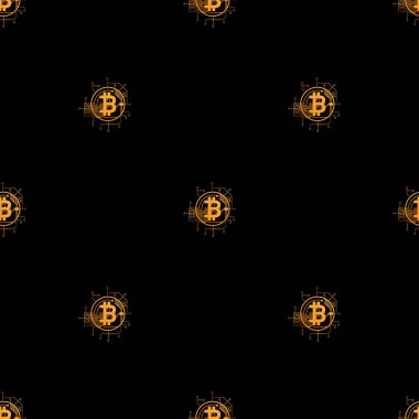 Siyah zemin üzerinde kripto para birimi dikişsiz desen, Kripto para birimi logosu (Bitcoin). 