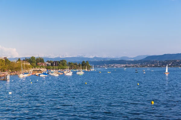 View of Zurich old Town, the lake and the alps before sunset — Stock Photo, Image