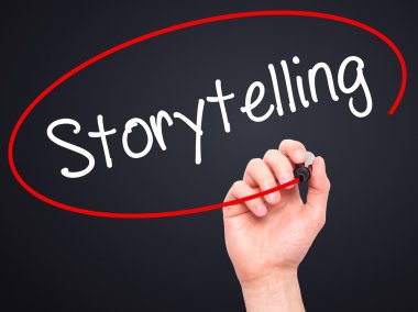 Adam el hikaye anlatımı ile siyah kalemi görsel ekranda yazma.