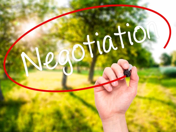 Man Hand writing Negotiation  with black marker on visual screen — Stock Photo, Image