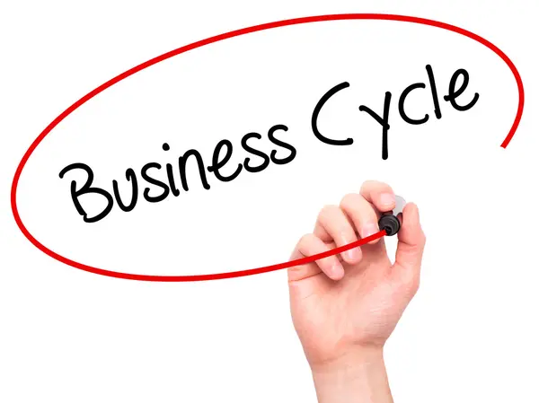 Man Hand writing Business Cycle with black marker on visual scre — Stock Photo, Image