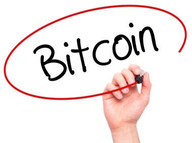 Adam el Bitcoin ile siyah kalemi görsel ekranda yazma..