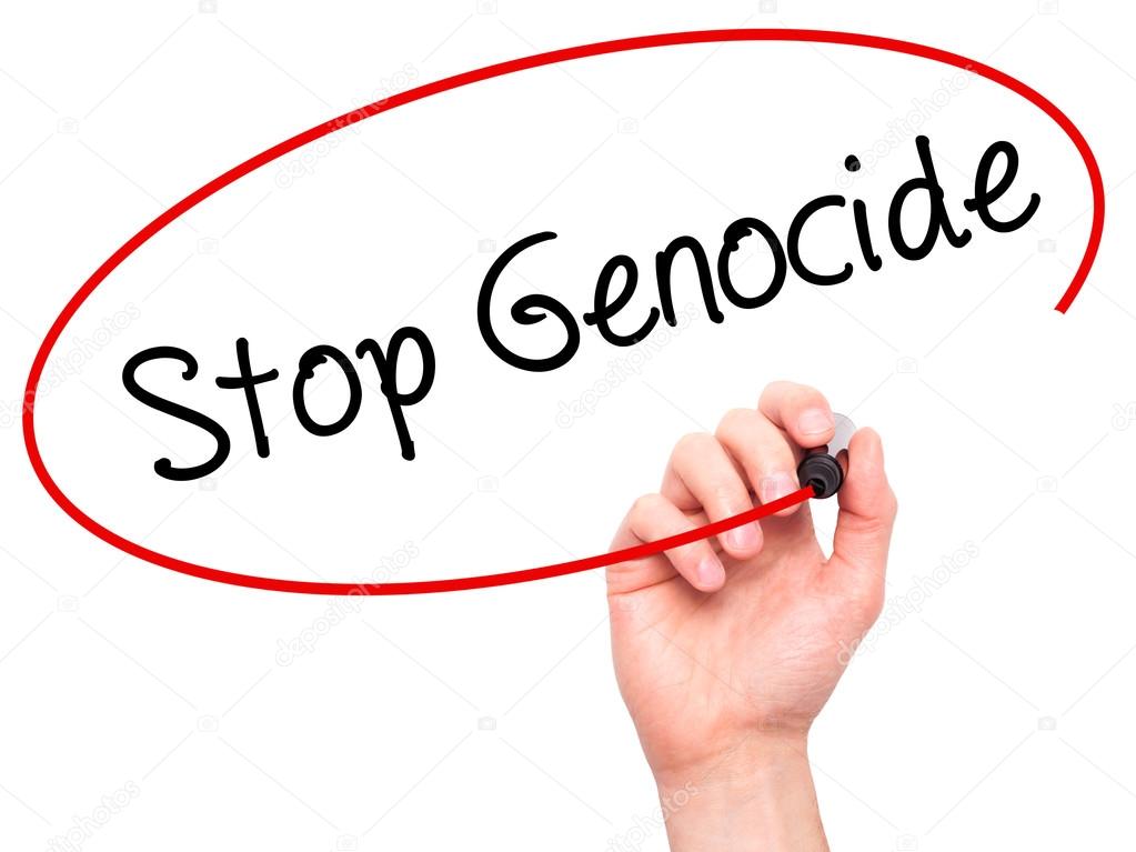 Man Hand writing Stop Genocide with black marker on visual scree