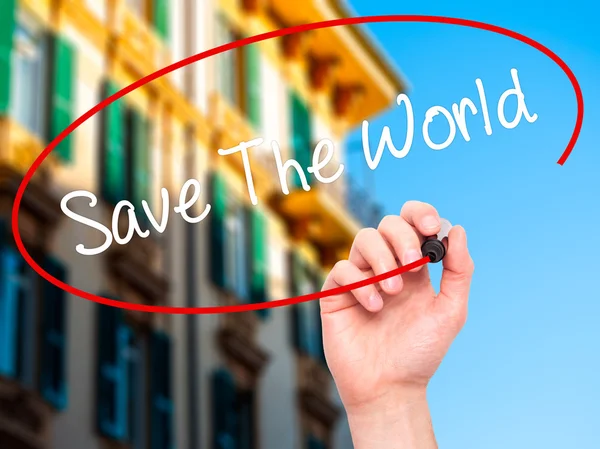 Man Hand escreve Save The World com marcador preto no visual scre — Fotografia de Stock