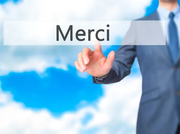 Merci - Businessman main appuyant sur le bouton sur l'écran tactile interfa — Photo