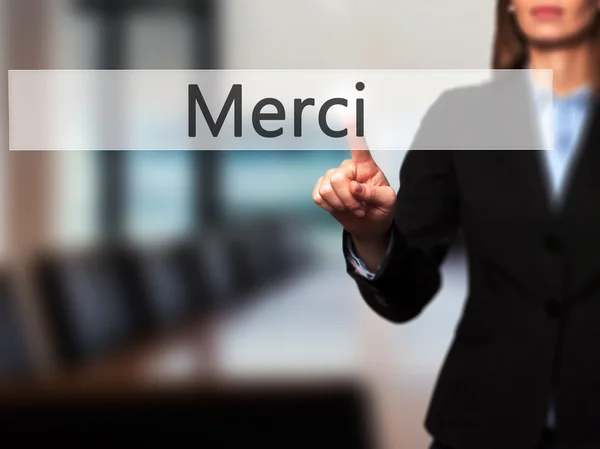 Merci - Geschäftsfrau drückt Taste auf Touchscreen inter — Stockfoto