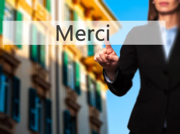 Merci - Geschäftsfrau drückt Taste auf Touchscreen inter — Stockfoto