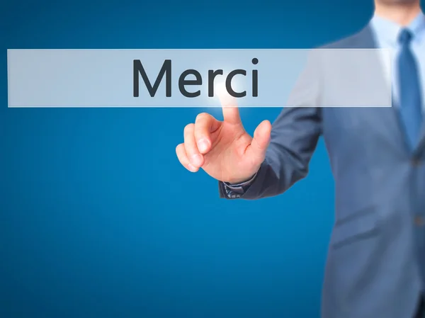 Merci - Imprenditore mano premendo il pulsante sul touch screen interfa — Foto Stock