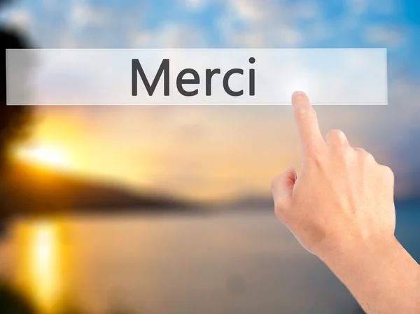 Merci - 手の背景をぼかした写真概念にボタンを押して — ストック写真