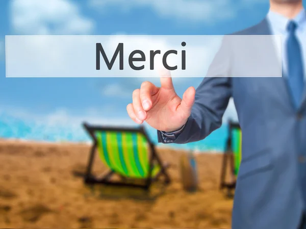 Merci - Businessman main appuyant sur le bouton sur l'écran tactile interfa — Photo