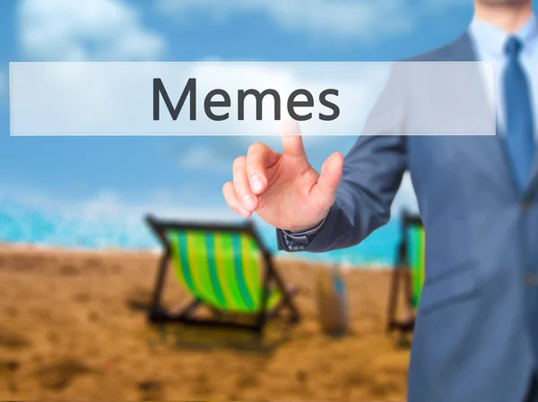 Memes - επιχειρηματίας χέρι πιέζοντας το κουμπί στο αφής οθόνη interfa — Φωτογραφία Αρχείου