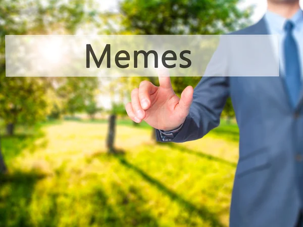Memes - Businessman hand pressing button on touch screen interfa — Stock Photo, Image