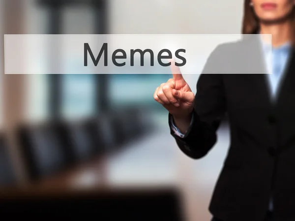 Memes - Businesswoman hand pressing button on touch screen inter — Stock Photo, Image
