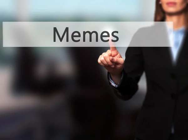 Memes - Businesswoman hand pressing button on touch screen inter — Stock Photo, Image