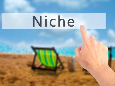 Niş - arka plan bulanık kavramı üzerinde bir düğmeye basarak el 