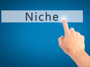 Niş - arka plan bulanık kavramı üzerinde bir düğmeye basarak el 