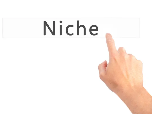 Nicho - Mano presionando un botón en el concepto de fondo borroso en —  Fotos de Stock