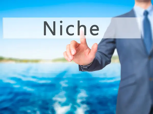 Niche - a érint képernyő interfa nyomja a kezét üzletember gomb — Stock Fotó