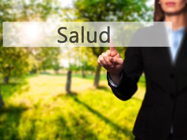 Salud - Businesswoman нажатие кнопки на сенсорном экране — стоковое фото