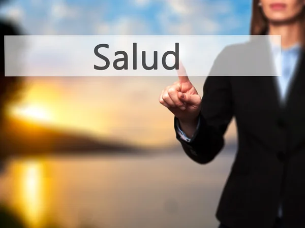 Salud - Businesswoman нажатие кнопки на сенсорном экране — стоковое фото